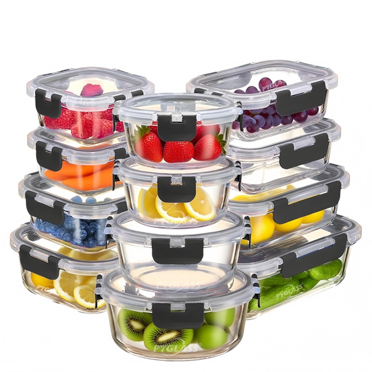 PYGLASS Airtight 24 Sets BPA-Free Glass Food Storage Containers with Snap Locking Lids, for Microwave, Oven Safe
