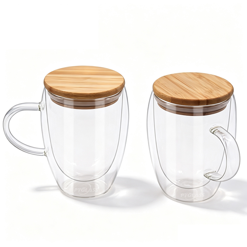 Pygalss Glass Coffee Mugs with Bamboo Lid Set, Double Walled Clear Coffee Cups, Clear Latte Espresso Mugs for Milk Juice