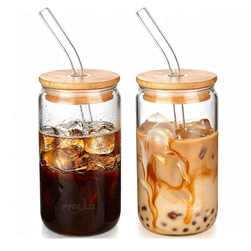Pygalss Drinking Glasses with Bamboo Lids and Glass Straw, Iced Coffee Glasses, Cute iced Tea Glasses, Beer Glasses, Ideal for Coffee Bar Accessories, Aesthetic Gift