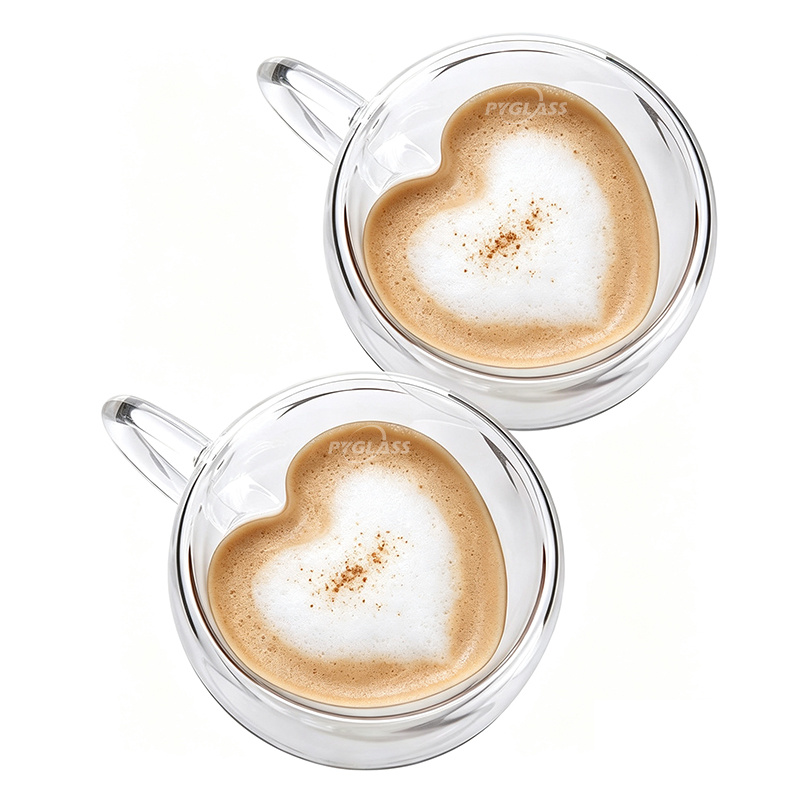 Pygalss Double Wall Heart Shaped Glass Coffee Mugs,Insulated Clear Tea Cups with Handle,Unique Glass Espresso Mugs for Coffee,Cappuccino,Latte,Milk