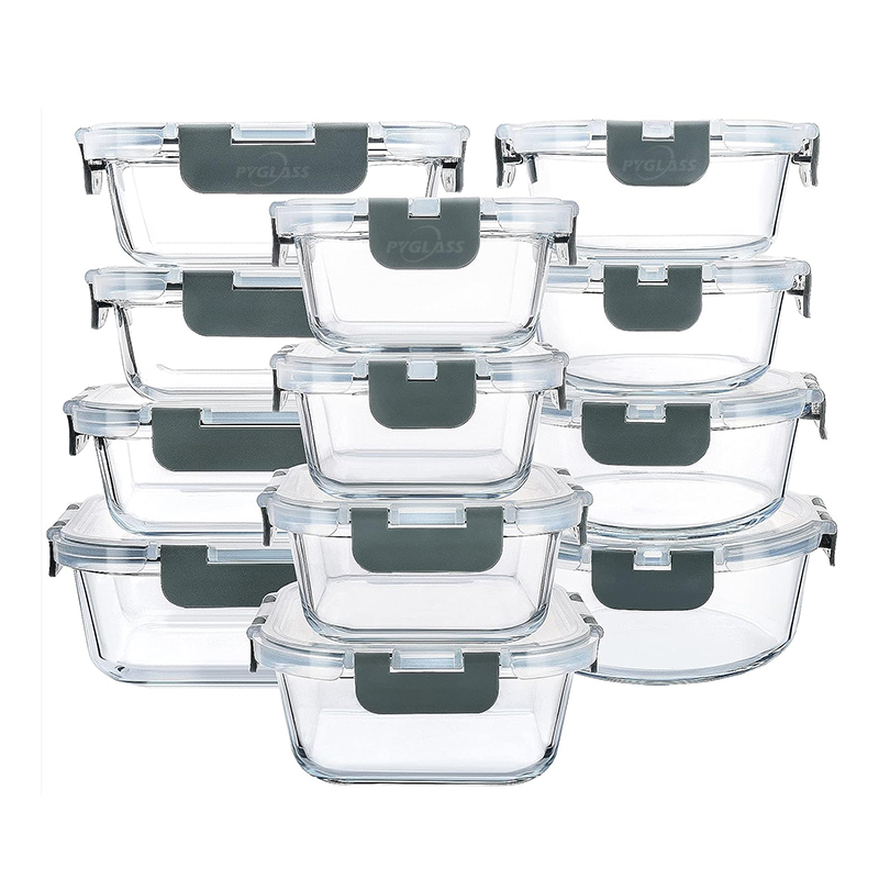 Pyglass 24-Piece Glass Food Storage Containers with Upgraded Snap Locking Lids,Glass Meal Prep Containers Set – Airtight Lunch Containers, Microwave, Oven, Freezer and Dishwasher,Black
