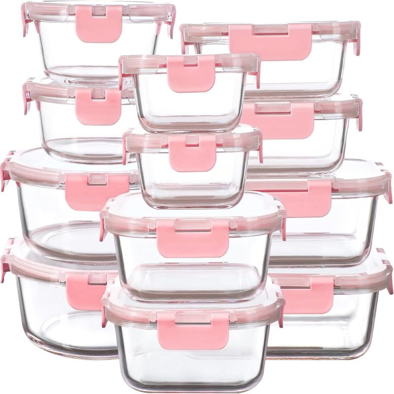 Pyglass 24-Piece Glass Food Storage Containers with Upgraded Snap Locking Lids,Glass Meal Prep Containers Set – Airtight Lunch Containers, Microwave, Oven, Freezer and Dishwasher,Pink