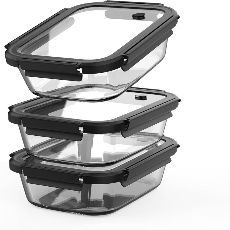 Pyglass Glass Meal Prep Containers 3 Pack | Borosilicate Food Storage Containers with Airtight Leak-Proof Vented Lids | Microwave, Oven, Freezer & Dishwasher Safe Glass Lunch Boxes for Kitchen