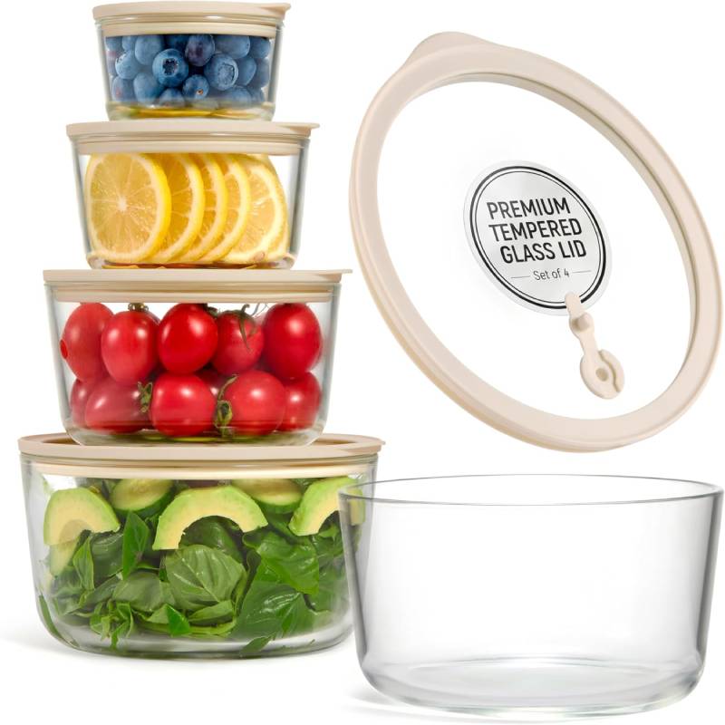 Pyglass Glass Food Container Set with Glass Lid, 4 Pack, Meal Prep Containers with Silicone Framed Airtight Lid, Leakproof, 100% Plastic Free
