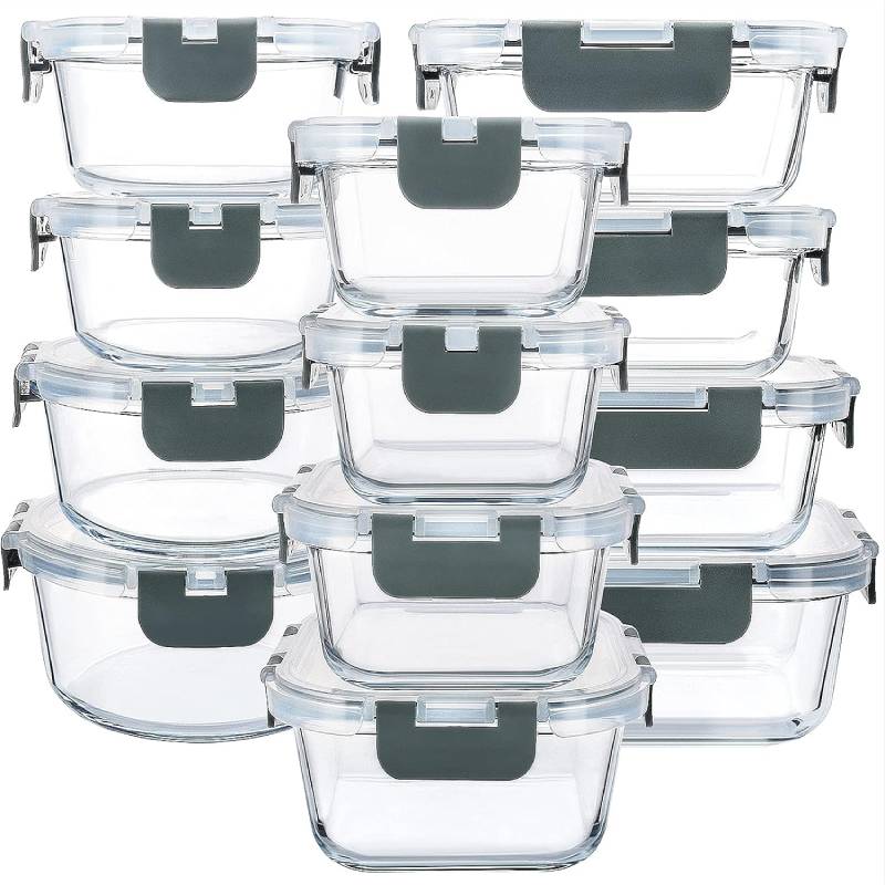 Pyglass 24-Piece Glass Food Storage Containers with Upgraded Snap Locking Lids,Glass Meal Prep Containers Set – Airtight Lunch Containers, Microwave, Oven, Freezer and Dishwasher,Black