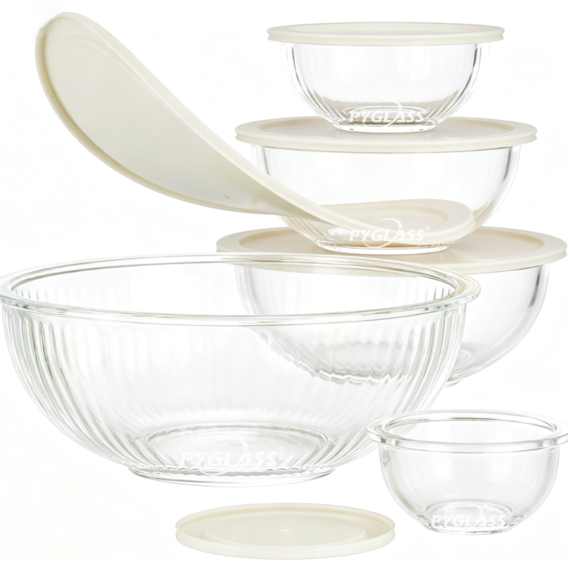 PYGLASS 5Pcs Ribbed Glass Mixing Bowls with White Lids Nesting Borosilicate Glass Food Storage Bowls Set