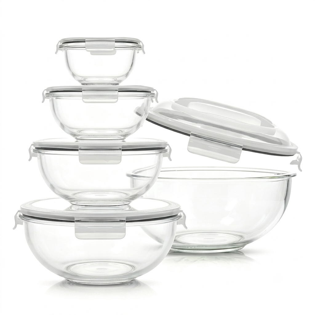 PYGLASS Round High Borosilicate Glass Food Storage Containers Set with Airtight Lids Stackable Glass Salad Bowls Oven Microwave Safe Glass Meal Prep Containers for Fruit Vegetable Pasta Storage