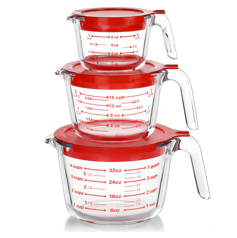 Pyglass  Glass Measuring Cups Set with Red Lids, 3 Sizes Stackable Clear Measuring Pitchers for Baking Cooking