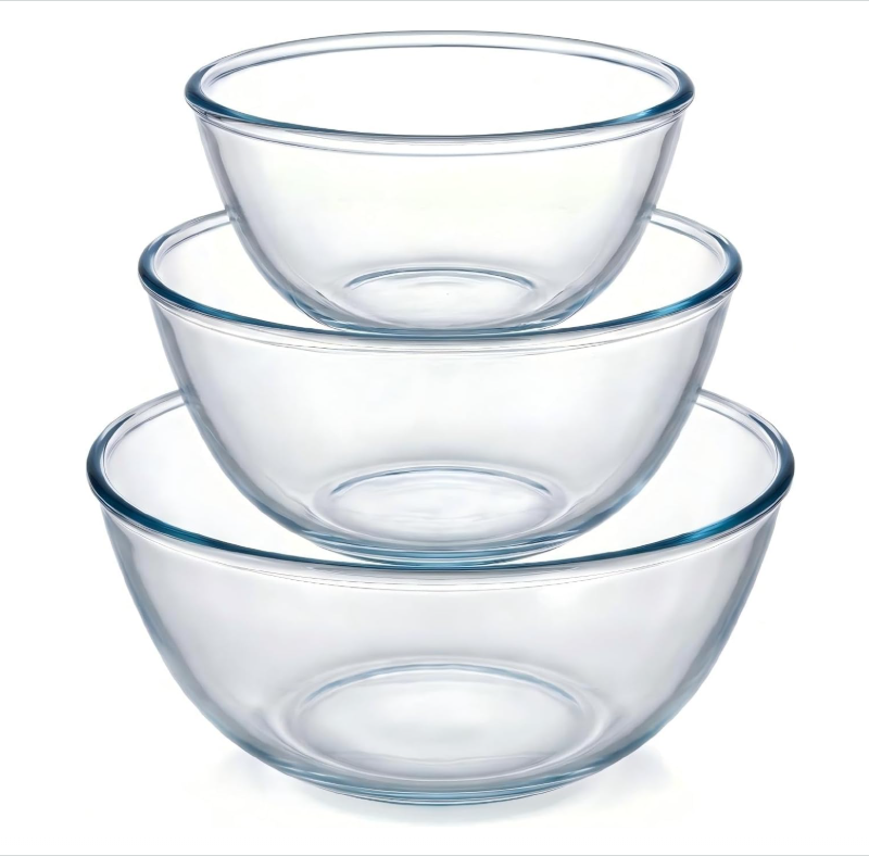PYGLASS 3 Pack Clear Glass Mixing Bowls Set, Stackable Blue Rim Glass Salad Bowls for Baking Cooking Food Storage