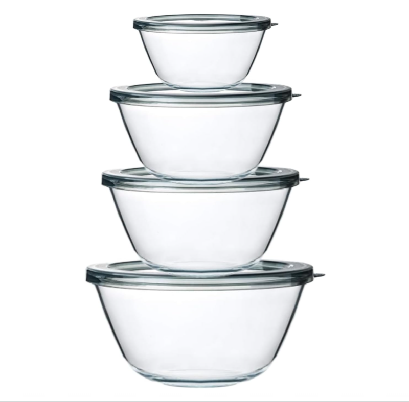 PYGLASS 4-Piece Clear Glass Mixing Bowl Set with Lids, Nested Food Storage Containers for Kitchen
