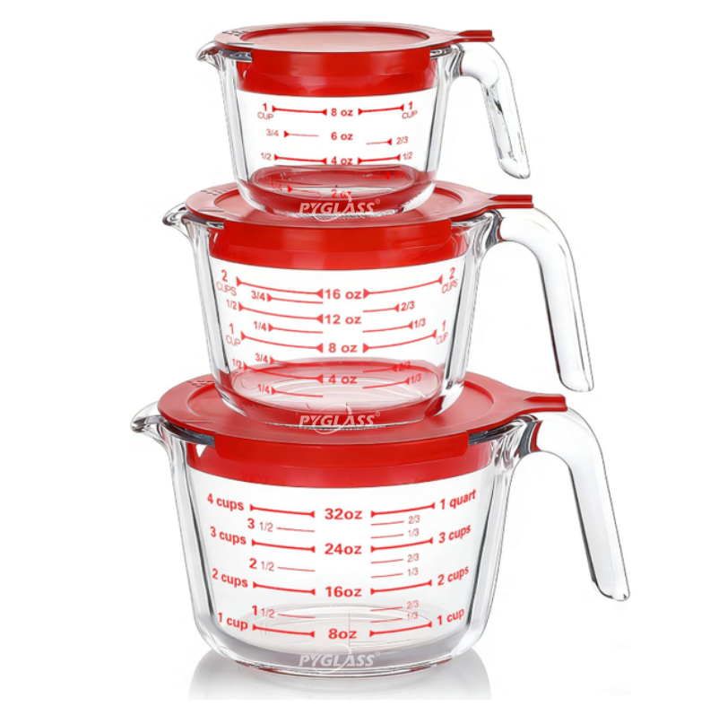 Pyglass  Glass Measuring Cups Set with Red Lids, 3 Sizes Stackable Clear Measuring Pitchers for Baking Cooking