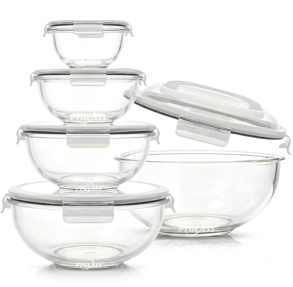 PYGLASS Round High Borosilicate Glass Food Storage Containers Set with Airtight Lids Stackable Glass Salad Bowls Oven Microwave Safe Glass Meal Prep Containers for Fruit Vegetable Pasta Storage