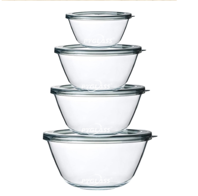 PYGLASS 4-Piece Clear Glass Mixing Bowl Set with Lids, Nested Food Storage Containers for Kitchen