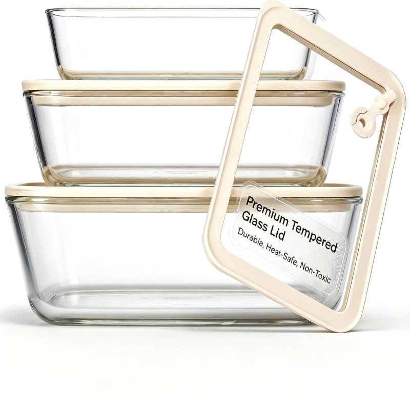 Pyglass Glass Food Container Set with Glass Lid, 3 Pack, Meal Prep Containers with Silicone Framed Airtight Lid, Leakproof, 100% Plastic Free