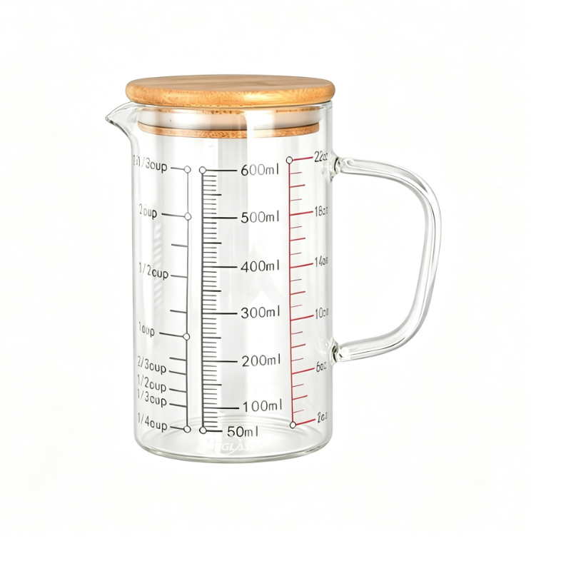 Pyglass Glass Measuring Cup with Bamboo Lid Borosilicate Glass Measuring Jug with Scale for Baking Cooking