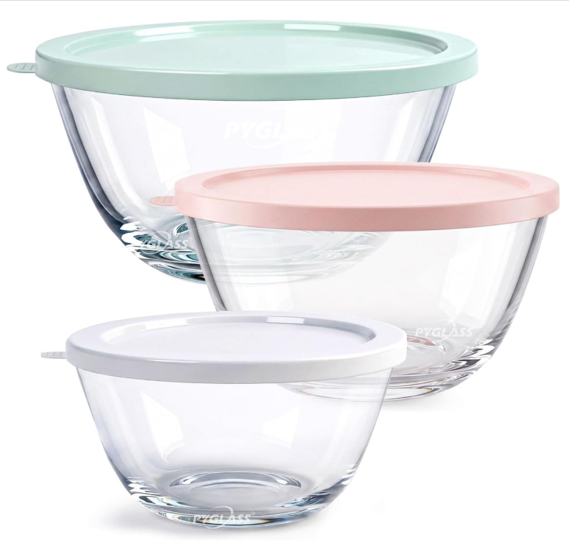 PYGLASS 3pcs Glass Mixing Bowls with Colorful Lids Nesting Borosilicate Glass Food Storage Bowls Set