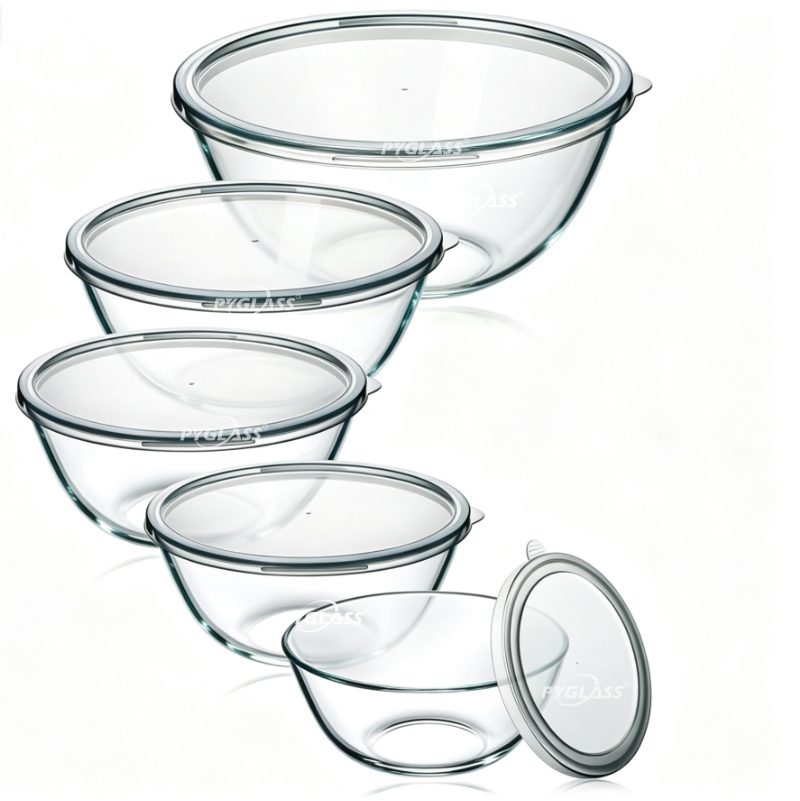 PYGLASS 5Pcs Nesting Glass Mixing Bowls with Lids Borosilicate Glass Food Storage Bowls Set for Kitchen