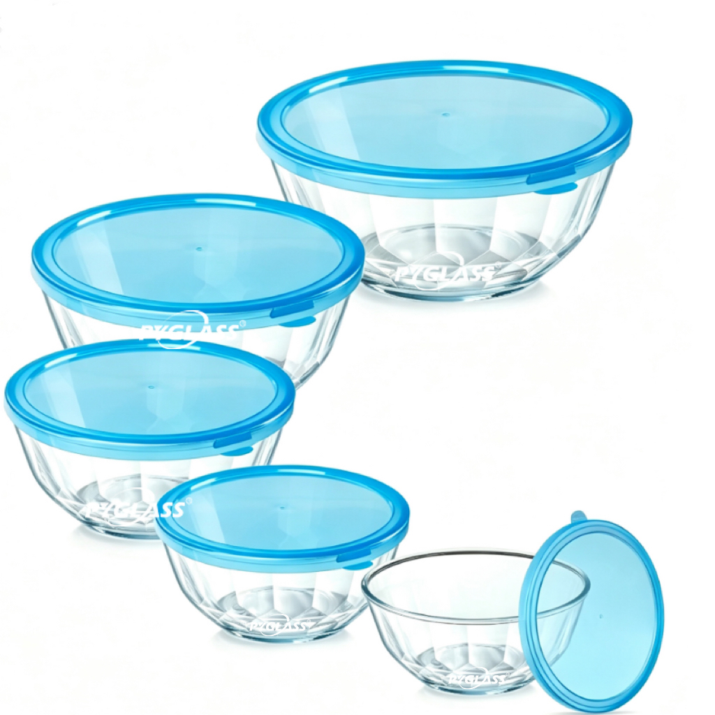 PYGLASS Stackable Diamond Glass Salad Bowls with Airtight Lids Microwave Safe Nesting Glass Mixing Bowls for Baking & Meal Prep