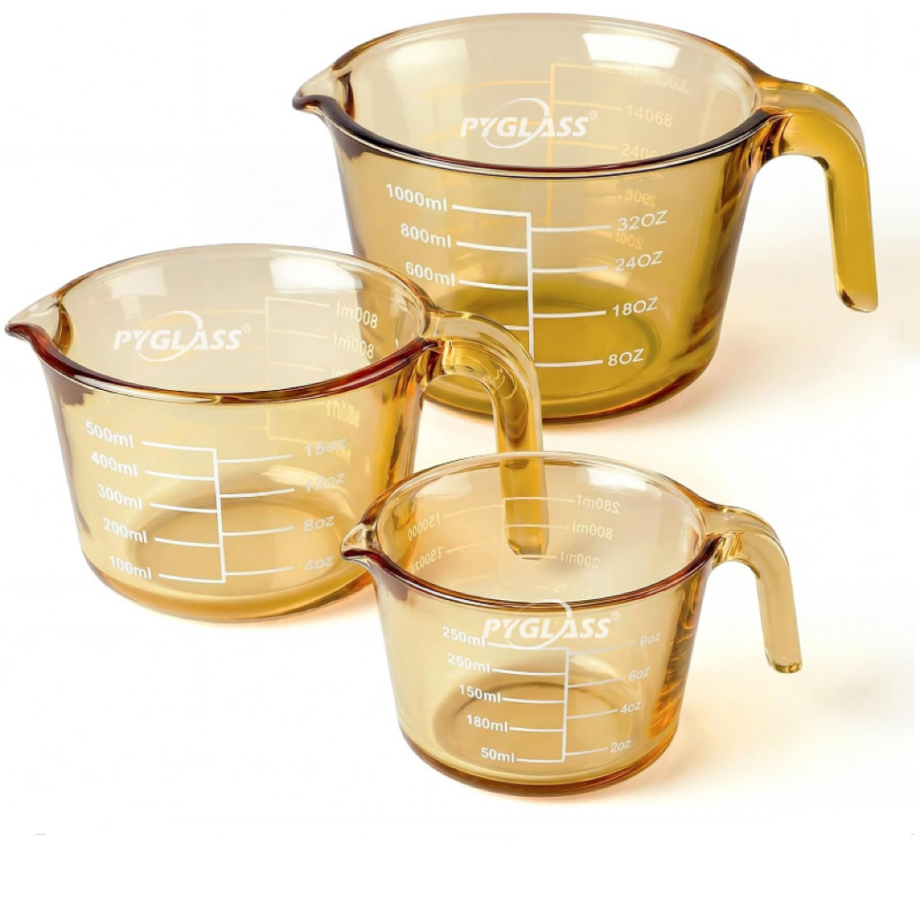 Pyglass 3-Piece Amber Glass Measuring Cup Set, Heat-Resistant Borosilicate Glass Liquid Measuring Jugs with Easy-to-Read Markings for Kitchen Baking and Cooking