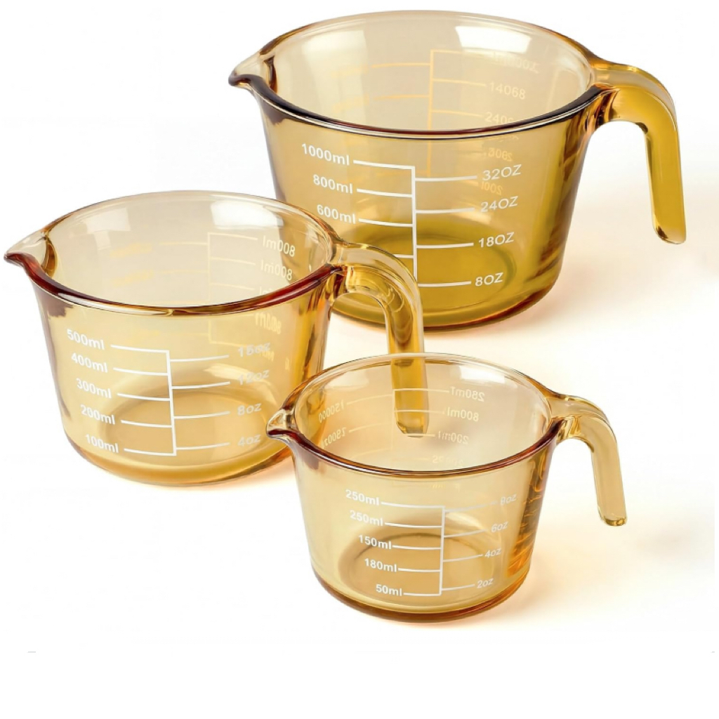 Pyglass 3-Piece Amber Glass Measuring Cup Set, Heat-Resistant Borosilicate Glass Liquid Measuring Jugs with Easy-to-Read Markings for Kitchen Baking and Cooking