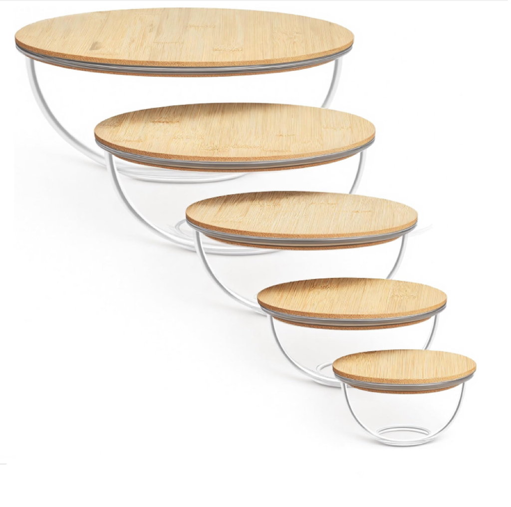 PYGLASS 5Pcs Glass Salad Bowls with Bamboo Lids Microwave Safe Borosilicate Glass Mixing Bowl Set for Food Storage