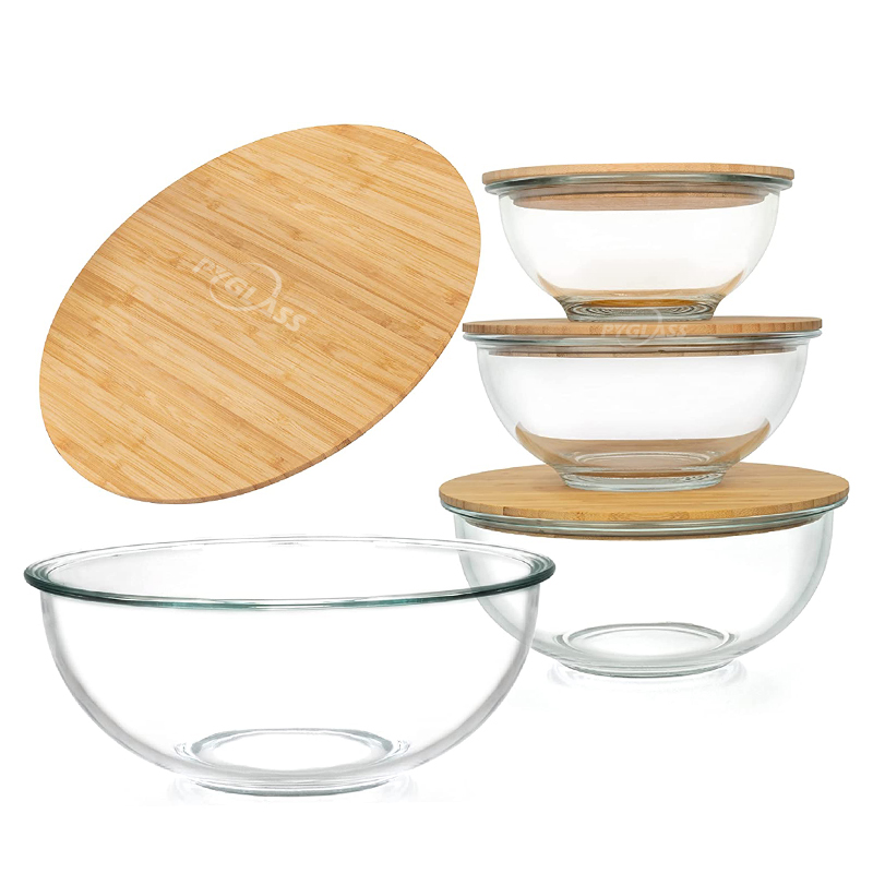 PYGLASS 5Pcs Glass Salad Bowls with Bamboo Lids Microwave Safe Borosilicate Glass Mixing Bowl Set for Food Storage