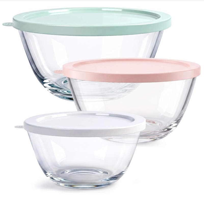 PYGLASS 3pcs Glass Mixing Bowls with Colorful Lids Nesting Borosilicate Glass Food Storage Bowls Set