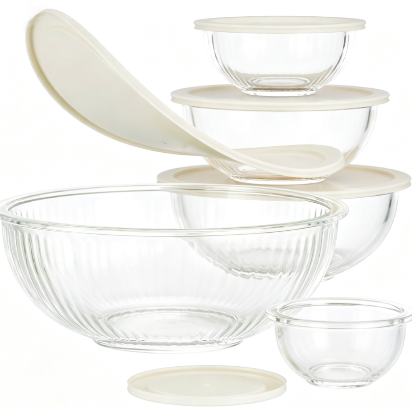 PYGLASS 5Pcs Ribbed Glass Mixing Bowls with White Lids Nesting Borosilicate Glass Food Storage Bowls Set