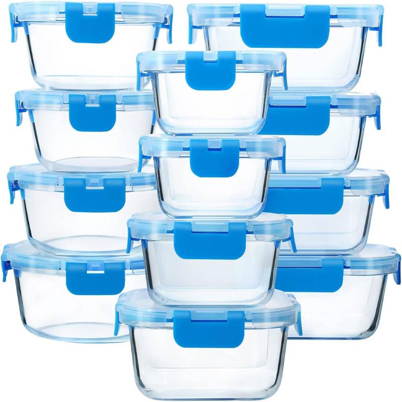 Pyglass 24-Piece Glass Food Storage Containers with Upgraded Snap Locking Lids,Glass Meal Prep Containers Set – Airtight Lunch Containers, Microwave, Oven, Freezer and Dishwasher,Blue