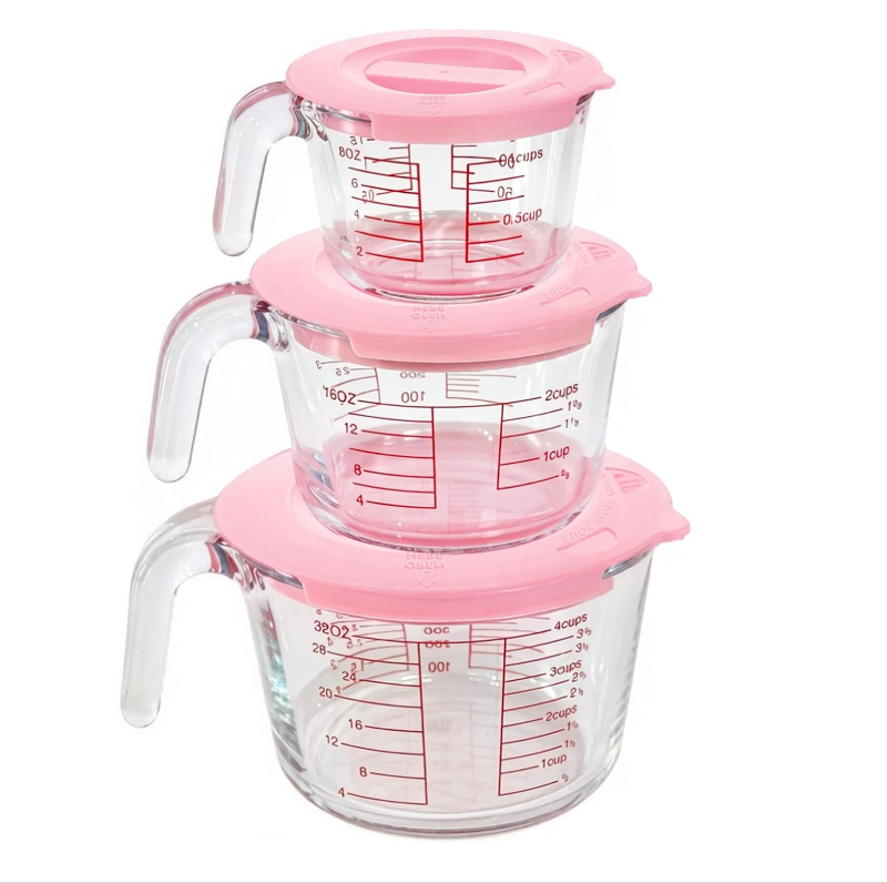 Pyglass  3-Piece Stackable Glass Measuring Cup Set with Handles and Lids for Baking Cooking