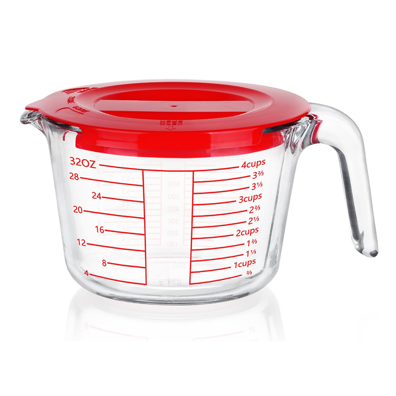 Pyglass 1000ml Glass Measuring Cup with Handles and Lids for Kitchen Baking Cooking