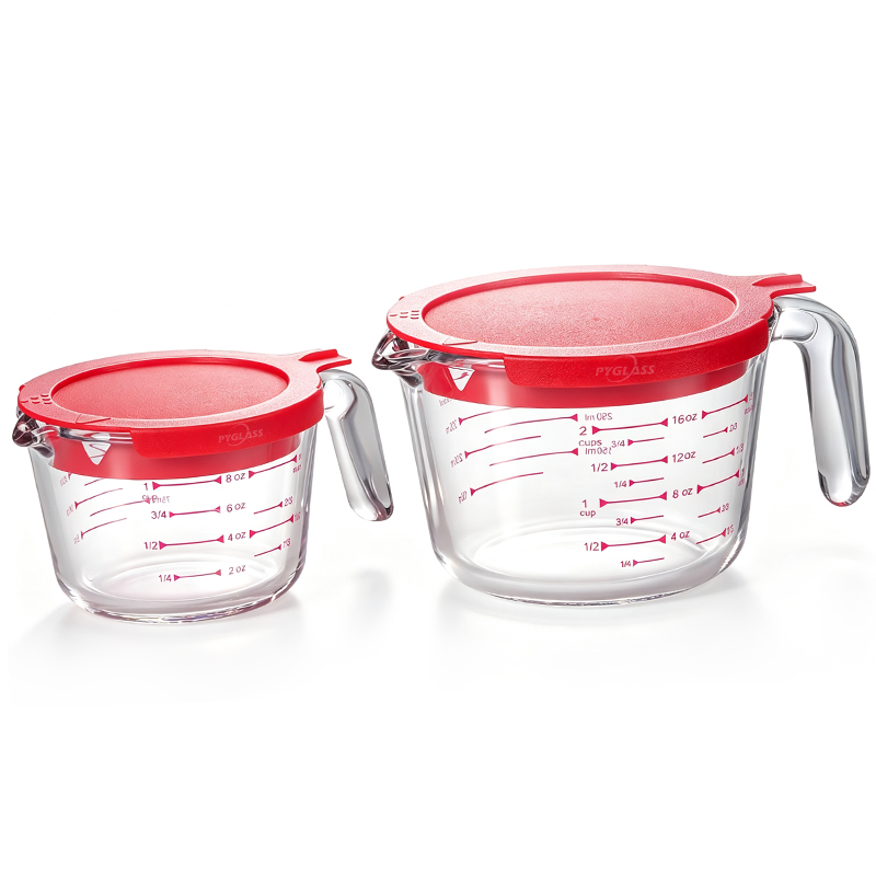 Pyglass  Glass Measuring Cups Set with PP Lids, 2 Sizes Stackable Clear Measuring Pitchers for Baking Cooking